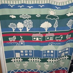 Vintage Santonja Blue Green House Sheep Cotton Blanket 53x53 BLEMISH